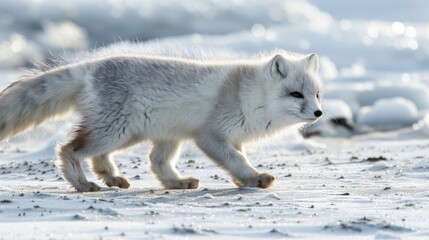 Sticker - Arctic baby fox in icy snow landscape.