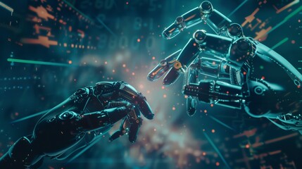 Aufkleber - Human and robotic hands coming together with a background of futuristic data visualizations, showcasing innovation in artificial intelligence