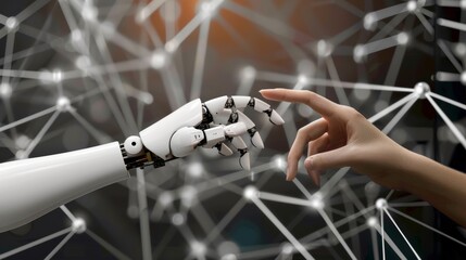 Aufkleber - Human and robotic hands joining together with a backdrop of interconnected digital nodes, symbolizing the integration of AI in everyday life