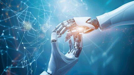 Aufkleber - Human and robotic hands coming together with a background of futuristic data visualizations, showcasing innovation in artificial intelligence