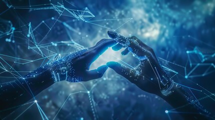 Poster - Human and robotic hands joining together with a backdrop of interconnected digital nodes, symbolizing the integration of AI in everyday life