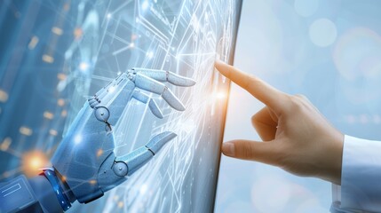 Aufkleber - Human hand and robotic hand touching with an abstract background of digital interfaces and data streams, illustrating the synergy of AI and human innovation