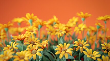 Wall Mural - 3d render of yellow daisies field on orange background