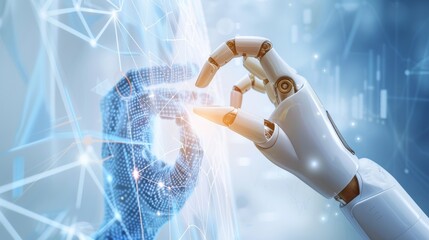 Aufkleber - Human hand and robotic hand touching with an abstract background of digital interfaces and data streams, illustrating the synergy of AI and human innovation