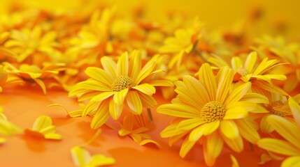 Wall Mural - 3d render of yellow daisies field on orange background