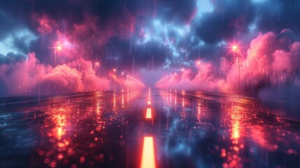Aufkleber - Lonely urban road with neon lights bouncing off wet surfaces and swirling smoke.