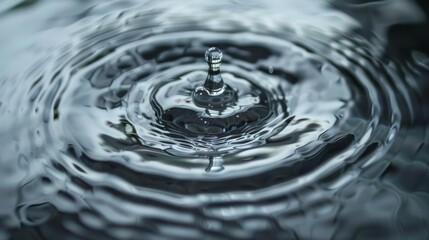 Poster - Macro shot of a clear water drop hitting a smooth water surface, with perfectly concentric circles radiating from the impact point