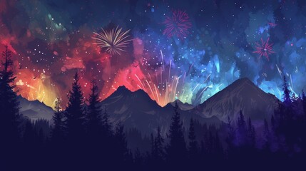 Leinwandbilder - Multicolored fireworks painting the night sky over a serene mountain range, with the silhouettes of trees in the foreground