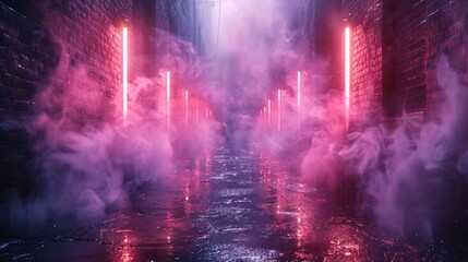 Aufkleber - Mysterious smoke and neon reflections creating an abstract light display in an empty alley.