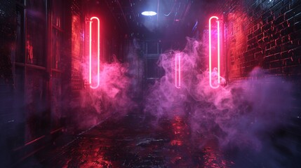 Aufkleber - Mysterious smoke and neon reflections creating an abstract light display in an empty alley.