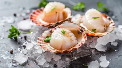 Canvas Print - Fresh scallops on a plastic surface seafood