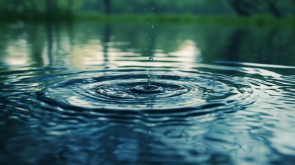 Poster - Pure water droplet landing on a quiet water surface, forming symmetric circular waves in a calm, natural setting
