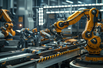 Wall Mural - photo of a high-tech robotic arm equipped with AI, precisely assembling electronic components on a conveyor belt in a futuristic factory. The background includes other robotic syst