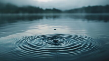 Poster - Pure water droplet landing on a quiet water surface, forming symmetric circular waves in a calm, natural setting