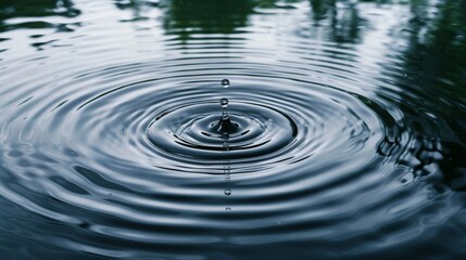 Poster - Pure water droplet landing on a quiet water surface, forming symmetric circular waves in a calm, natural setting