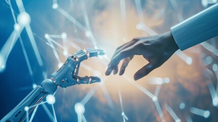 Aufkleber - Robot hand and human hand meeting against a backdrop of a vast digital network, representing the future of AI technology and human interaction