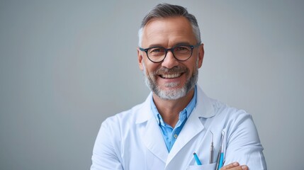 A smiling man in a white lab coat with a pair of blue glasses