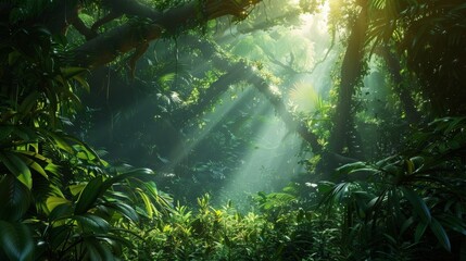 Wall Mural - Sunlight breaking through the canopy of a lush green forest, illuminating the undergrowth