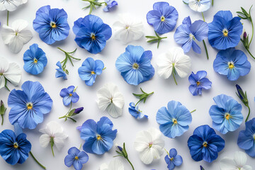 Wall Mural - Blue and White Pansies Flowers Pattern on White Background   Nature Floral Flat Lay