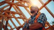 © เลิศลักษณ์ ทิพชัย - A man carpenter shapes the framework of a new house by working on wooden roof trusses. concept illustration of a carpenter constructing beams for a new home