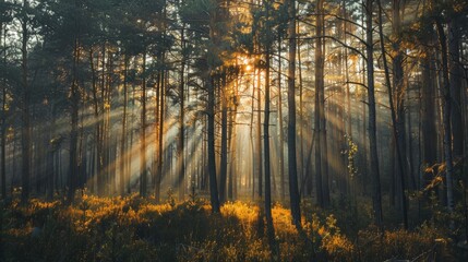 Wall Mural - Sunlight shining through the branches of tall pine trees in a quiet forest, casting a peaceful glow