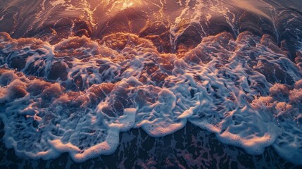 Wall Mural - Top-down view of waves creating intricate patterns on a sandy beach at sunset