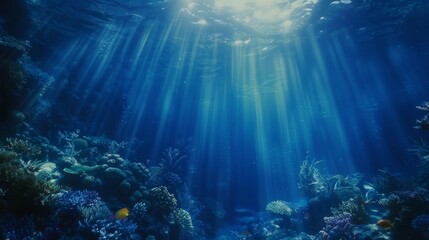 Wall Mural - Underwater scene of the deep blue sea with rays of sunlight piercing through the water and illuminating the marine life below
