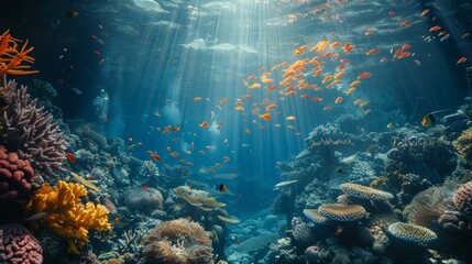 Wall Mural - Underwater view of deep blue sea with colorful coral reefs and schools of fish swimming by