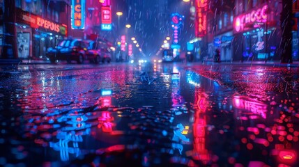 Aufkleber - Wet pavement reflecting neon lights in a smoky, deserted street at night.