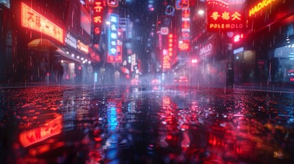Aufkleber - Wet pavement reflecting neon lights in a smoky, deserted street at night.