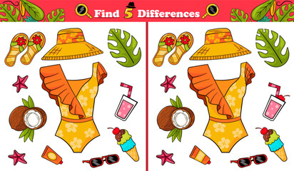 Wall Mural - Find 5 differences game for children with summer themed objects