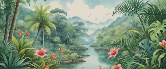 Wall Mural - Panoramic watercolor painting of a lush jungle landscape, wall paper