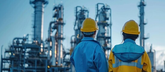 Sticker - Two Workers In Yellow Hard Hats Facing a Large Industrial Plant