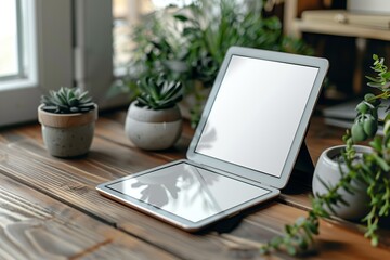 Canvas Print - Open Tablet With Blank Screen on Wooden Table Surrounded by Succulents