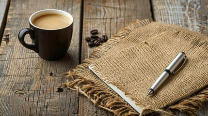 Poster - Notebook pen and coffee on wooden surface