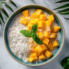 Wall Mural - Bowl with tapioca pudding with diced mangoes and shredded coconut, white background, food bundle