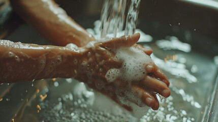 Wall Mural - Woman washing hands under water tap, Liquid antibacterial soap and foam, Close up of female hand, Self care and hygiene, Infection prevention.