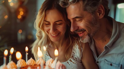 Wall Mural - A couple in their 40s is celebrating their anniversary with a happy birthday cake.