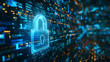 © Matthias - Blue glowing padlock with binary code cyber security background