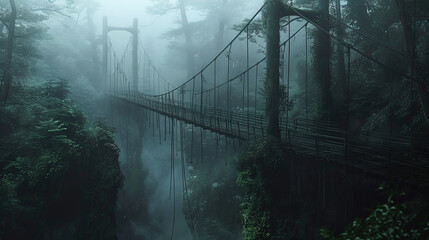 Wall Mural - Old Suspension Bridge Spanning a Gorge in a Misty Forest.