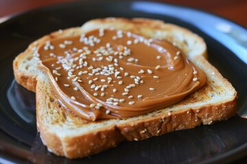 Close-up of peanut butter toast with sesame seeds on a plate