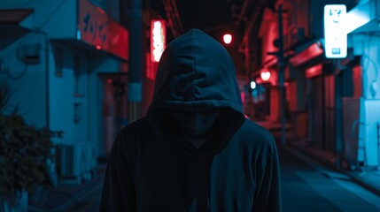 Mysterious figure in hooded sweatshirt at night in urban alley