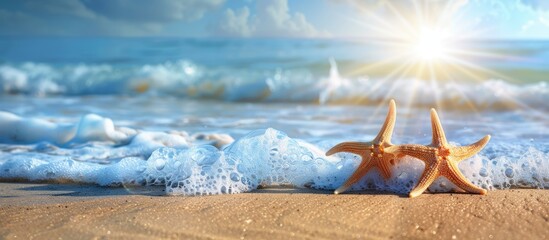 Wall Mural - Starfish on sandy beach under sunlight with wave backdrop.