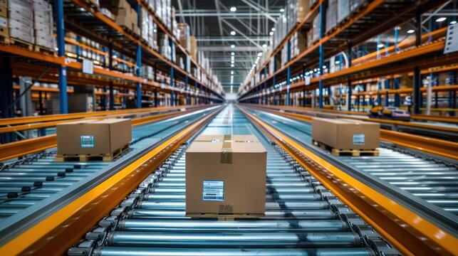A cardboard box moves along a conveyor belt at a logistics warehouse structure. Algorithms and automated systems are available for sorting and storing goods throughout the supply chain.
