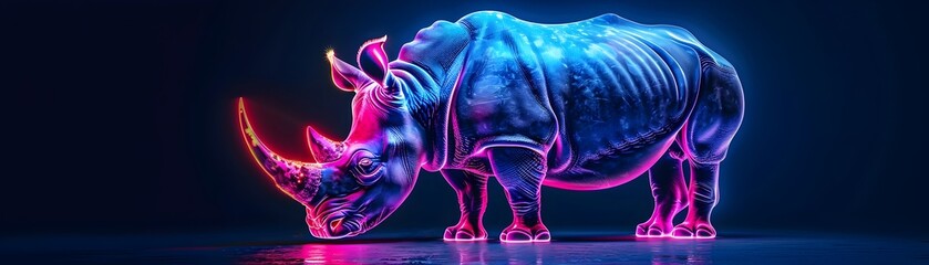 Wall Mural - Neon Rhinoceros with Glowing Skin Standing Vividly Against Dark Background