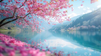 Poster - Cherry blossom trees and lake landscape