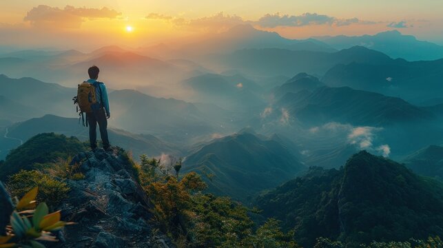 A moment of peace and discovery in the vast outdoors is witnessed by a man hiking with a backpack atop a mountain, staring out at the sun against a backdrop of clouds and sky.
