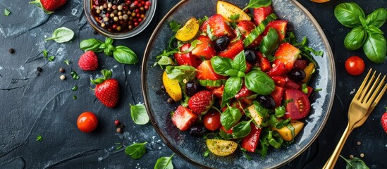 Wall Mural - Summer Fruit Salad with Basil and Olives