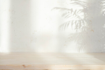 Wall Mural - bleached empty wooden table top with leaves shadow on abstract stucco wall texture background