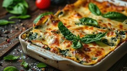 Wall Mural - Close up of delicious spinach and cheese Italian lasagna on the table, international and popular food concept